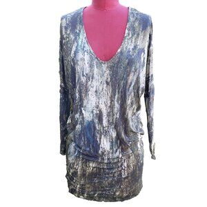 Helmut Lang Tunic T Shirt Green Camouflage Print Long Sleeve V Neck Small